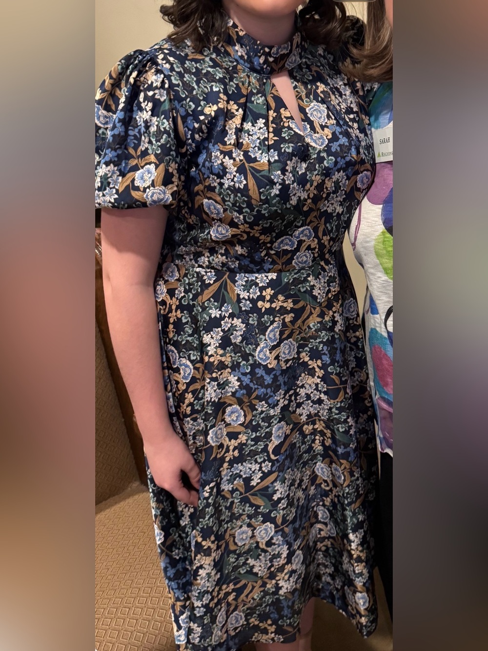 Maggy London Navy Floral Midi Dress with Puff Sleeves and High Neck
